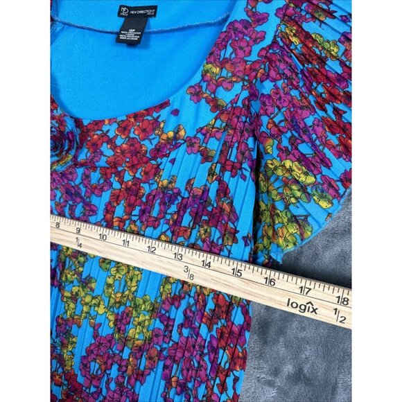 New Directions Dress Womens A Line Turquoise Blue Floral Pleated Short Sleeve - Picture 5 of 14